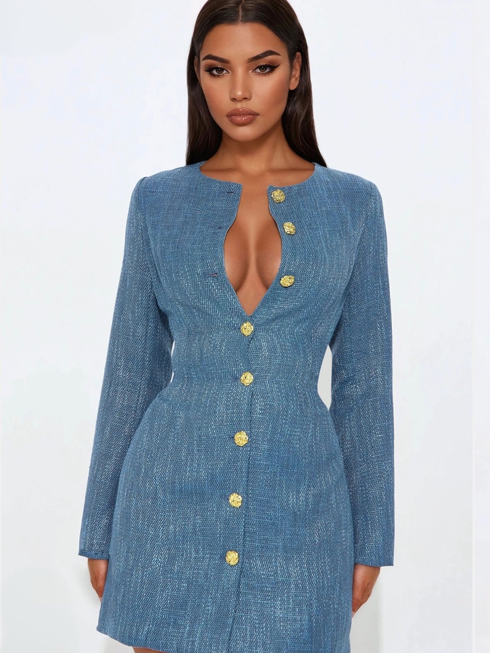 Fashion Nova Blue Long Sleeve Button Front Mini Dress with Gold Buttons